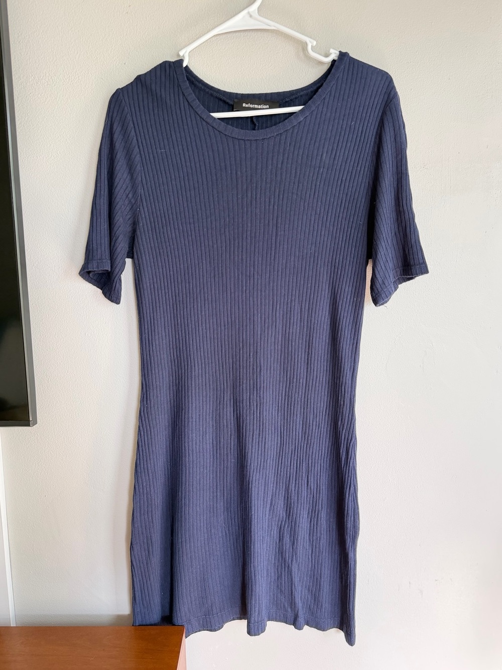 Reformation Gigi Ribbed Short Sleeve Dress Navy L